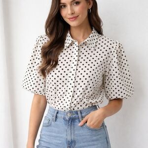 Gracia Cream Button-Down Polka Dot Puff Sleeve Shirt